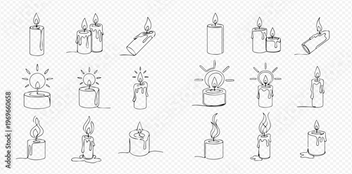 Set of hand-drawn burning candles in continuous line art style, isolated on transparent background, perfect for various design projects and illustrations.