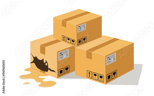 Brown liquid spills out of damaged boxes stacked together indoors