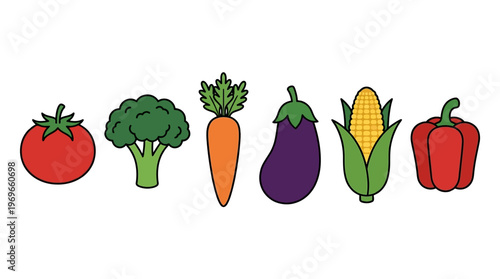 Colorful vector illustration of various vegetables including tomato, broccoli, carrot, eggplant, corn, and bell pepper
