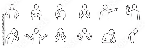 People activity emotions and body language minimalist line icon set