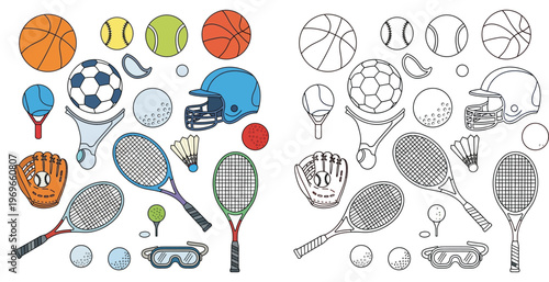 Comprehensive set of sports equipment icons featuring balls rackets and gear in both colorful and outline doodle styles for coloring pages and educational materials vector illustration