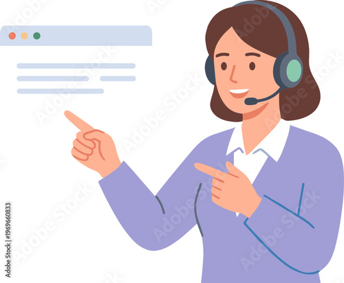 A woman wearing a headset points at a browser window with enthusiasm in an office.