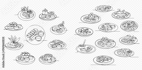 Collection of various hand-drawn Asian food dishes, including spring rolls, dumplings, and noodles, in a detailed line art style.