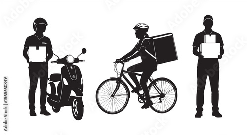 Delivery courier silhouettes set with scooter and bicycle rider carrying parcel box, black vector illustration