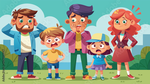 Group of kids and adults showing different emotions in a park during daytime with city buildings in the background