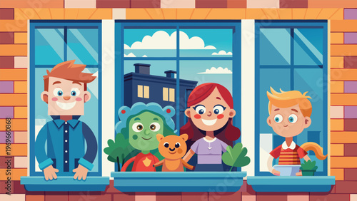 Families watch from the window in a city, sharing moments and smiles on a sunny day with pets and plants present