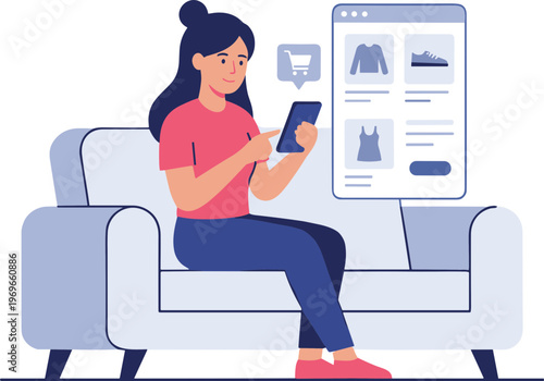 Woman shopping online sitting on couch with phone and screen