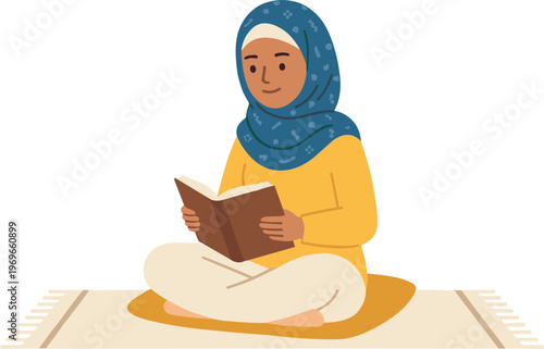 A woman wearing a hijab sits cross-legged on a mat reading a book indoors.
