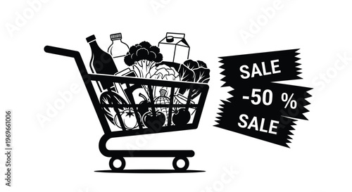Black and white vector graphic depicting a loaded shopping cart alongside prominent banners announcing a massive fifty percent sale.