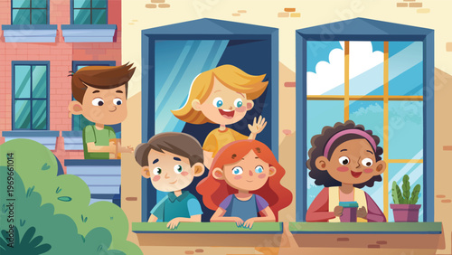 Children play and interact from open windows in a city neighborhood on a sunny day