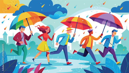 People run with colorful umbrellas through a rainy park under dark clouds in a city during a wet afternoon