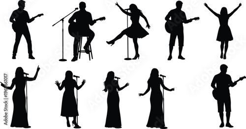 Collection of singer and musician silhouettes performing on stage with microphones and guitar, live music concert concept, entertainment industry and artistic performance isolated on white background