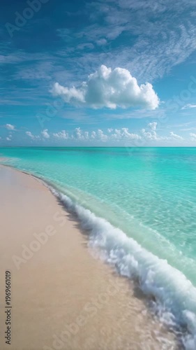 Clear turquoise ocean water washes onto a golden sandy beach under a vibrant blue sky dotted with fluffy white clouds. Sun glistens on the ripples, revealing the shallow seabed.