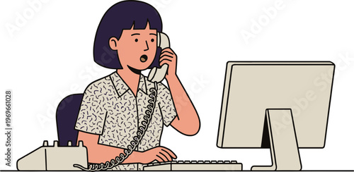 Woman talks on phone while sitting at office desk with computer