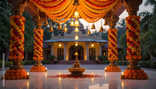 Kannada style indian wedding stage decoration with temple bells and flowers