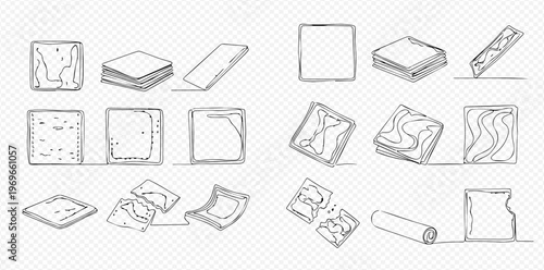 Set of hand-drawn square cheese slices, various shapes, and textures, isolated on a transparent background.