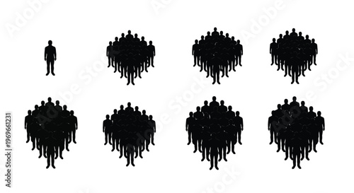 Vector illustration depicting the scalable formation of diverse human groups, starting from an individual and expanding into large crowds, symbolizing community growth.