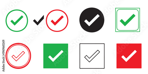 Check mark icon set vector illustration, green and red tick symbols for approval and task completion, minimalist checkbox icons isolated on white.