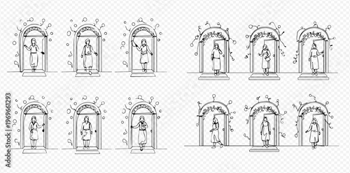 Set of hand-drawn illustrations depicting people standing in doorways with various emotions and actions, representing choices or opportunities.