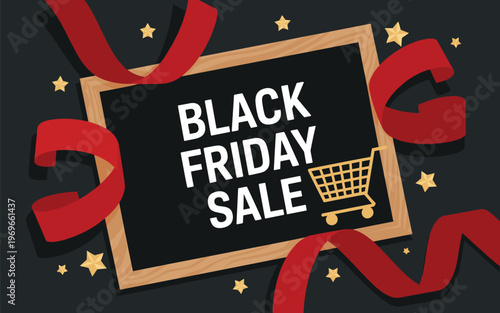 Black Friday sale advertisement with shopping cart and ribbons on dark background