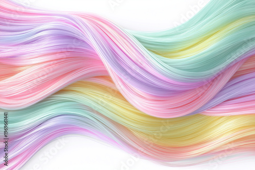AI-generated abstract 3D render of flowing wavy hair strands in soft pastel gradient colors of pink, purple, and blue.