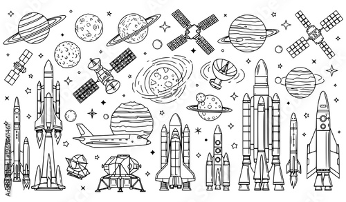 Space objects and rockets vector illustration set