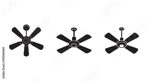 Ceiling fan silhouettes in different angles and positions  household appliance icons