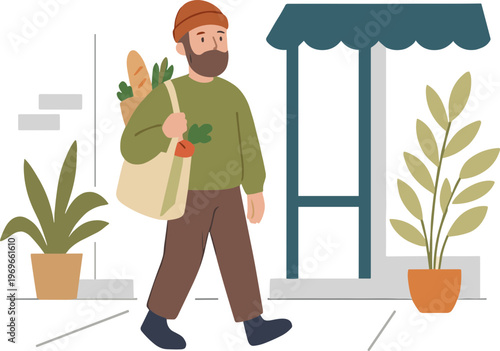 Man walking down street with grocery bag and plants nearby storefront