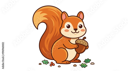 Cute cartoon squirrel holding acorn.