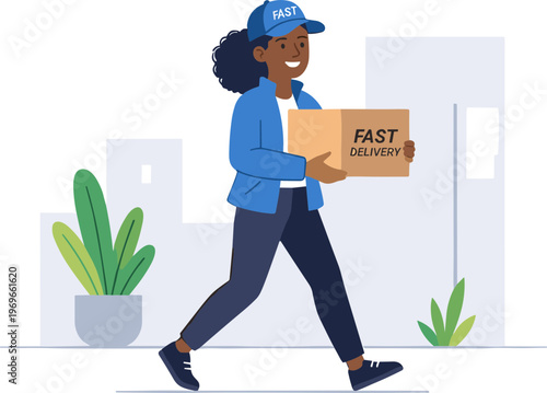 A smiling woman in a blue uniform walks quickly through a city street holding a large cardboard box for fast delivery.