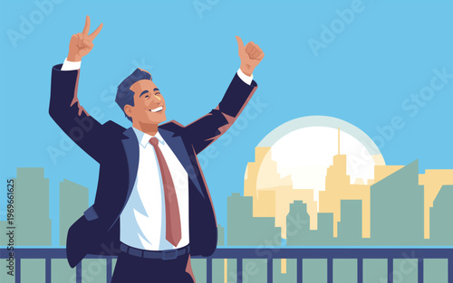 A businessman celebrates success on a rooftop with cityscape and sunset behind him.
