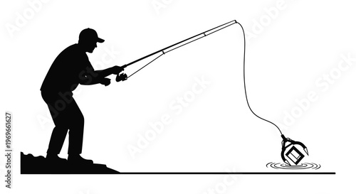 Fisherman casting a line to catch a cube striking black silhouette