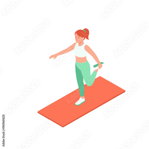 A woman performs yoga on a mat in a fitness setting with exercise and stretching.