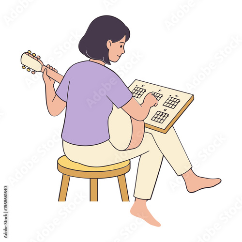 Woman sitting on stool playing ukulele and reading chord sheet indoors