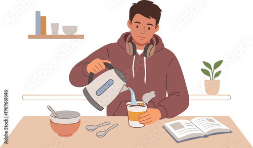 Man pouring tea into cup at desk with book and bowl
