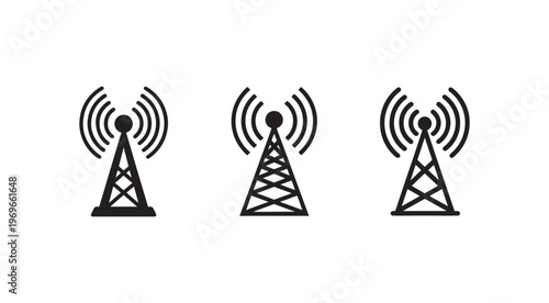 Cell tower icons with signal waves  telecommunications symbols  radio broadcasting antennas  mobile network illustrations