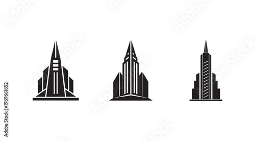City skyscrapers buildings icons  urban architecture silhouettes  modern cityscape  building structures