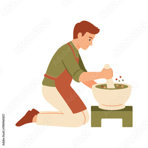 Man prepares food in mortar on green stool indoors