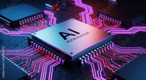 A close-up view of a computer chip with AI accelerator text on a circuit board with purple and pink neon lights