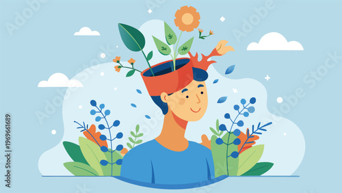 Mind filled with plants and flowers as a symbol of creativity and growth in a colorful illustration during daytime