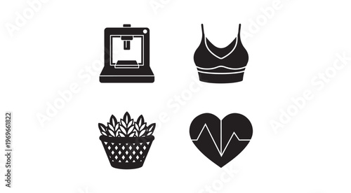 Collection of four black icons including 3d printer sports bra basket with leaves and heart rate