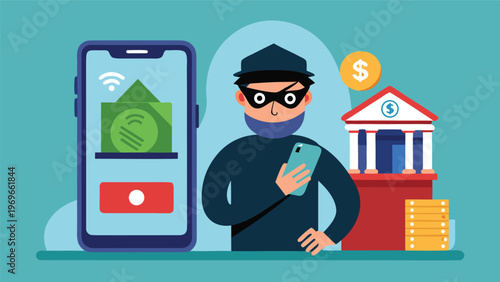 Man uses smartphone for illegal money transfer with bank in background during daytime