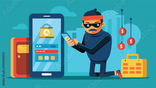 Man in mask uses phone to steal money from a digital platform while crouching on the ground in a city setting