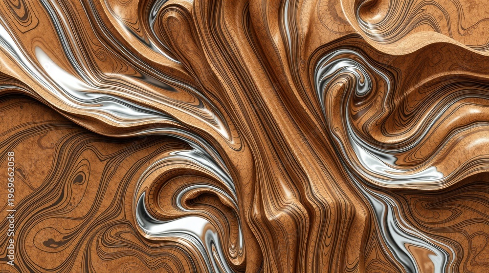 Obraz premium Abstract fluid shapes, bronze tones, silver highlights. Swirling patterns create dynamic texture, resembling molten metal or earth formations.