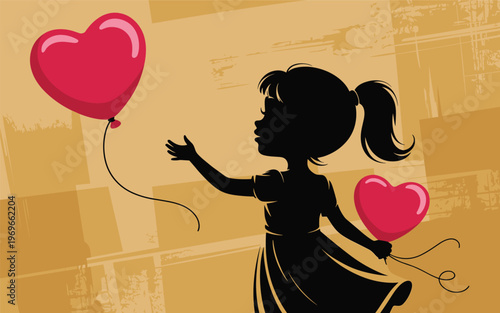 A little girl plays with two red heart-shaped balloons in a sunny outdoor setting.