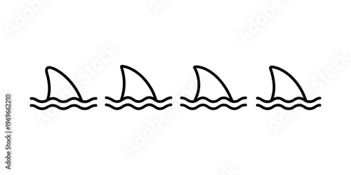 Four shark fins above wavy water lines, representing danger or ocean life, simple vector illustration
