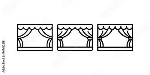 Set of theater stage icons with curtains and valance isolated on white background for entertainment and performance concepts black line art vector design