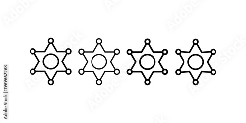 Collection of four sheriff badge icons, star shaped police emblem, law enforcement symbol, western badge graphic, security badge illustration