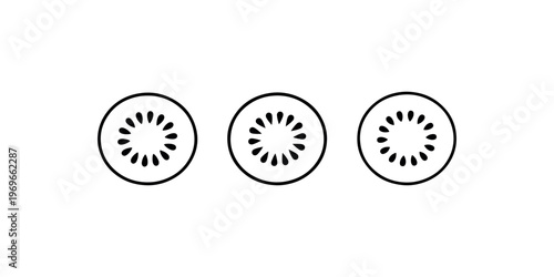 Three stylized kiwi fruit slices with seeds arranged in circular patterns for health food branding organic grocery designs and fresh nutrition concepts