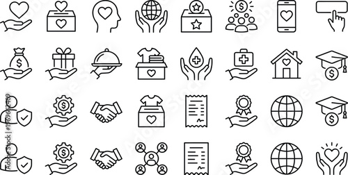 Charity and Social Support Icon Set Featuring Donation, Fundraising, Volunteer, Community Care, Aid, Sponsorship, Giving, and Nonprofit Line Vector Symbols